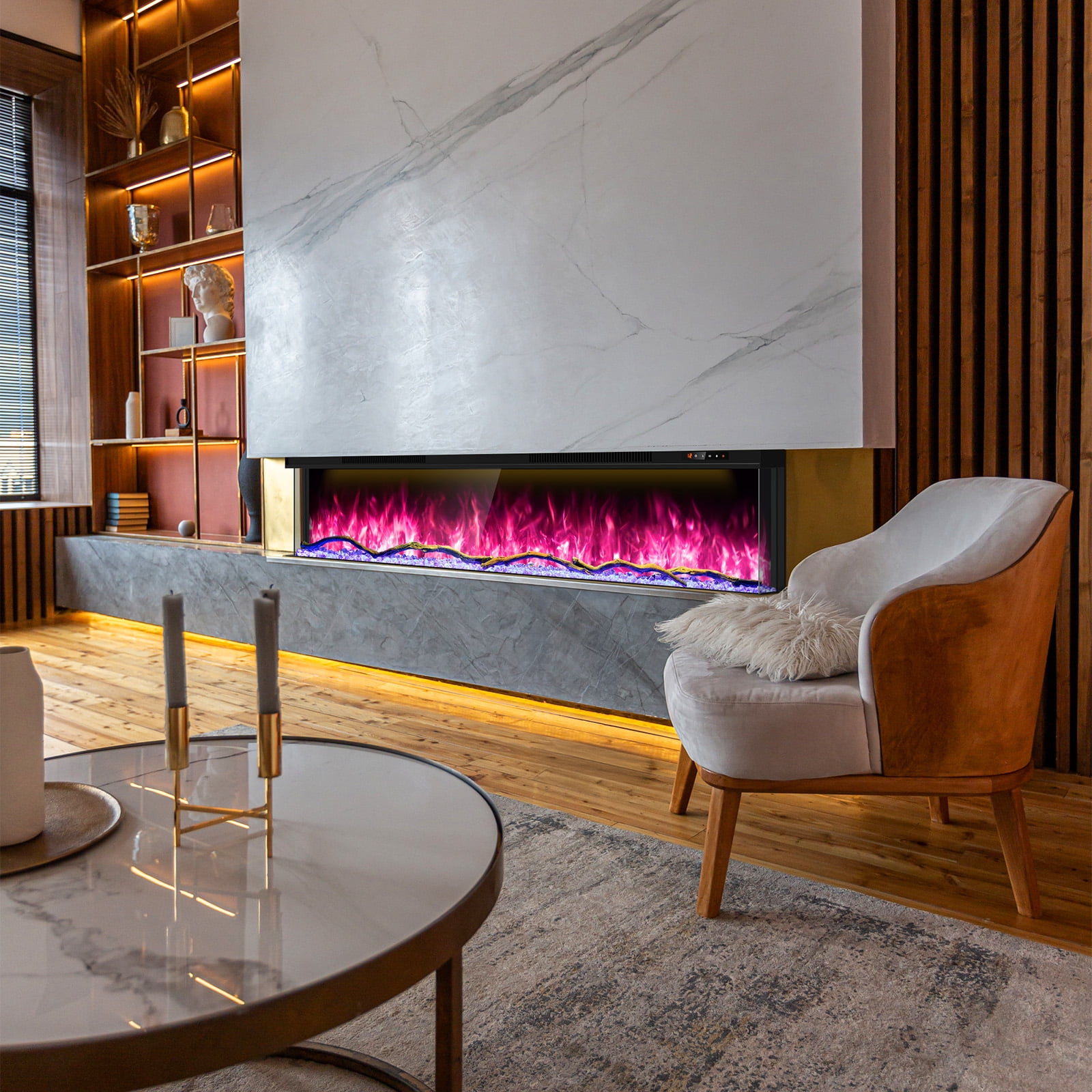 70 inch 3 Sided Glass Electric Fireplace with Touchscreen, APP & Remote Control, Smart Build-in Fire Places Heater 1500W with Multi-Color Flames, Cracking Sound, Timer