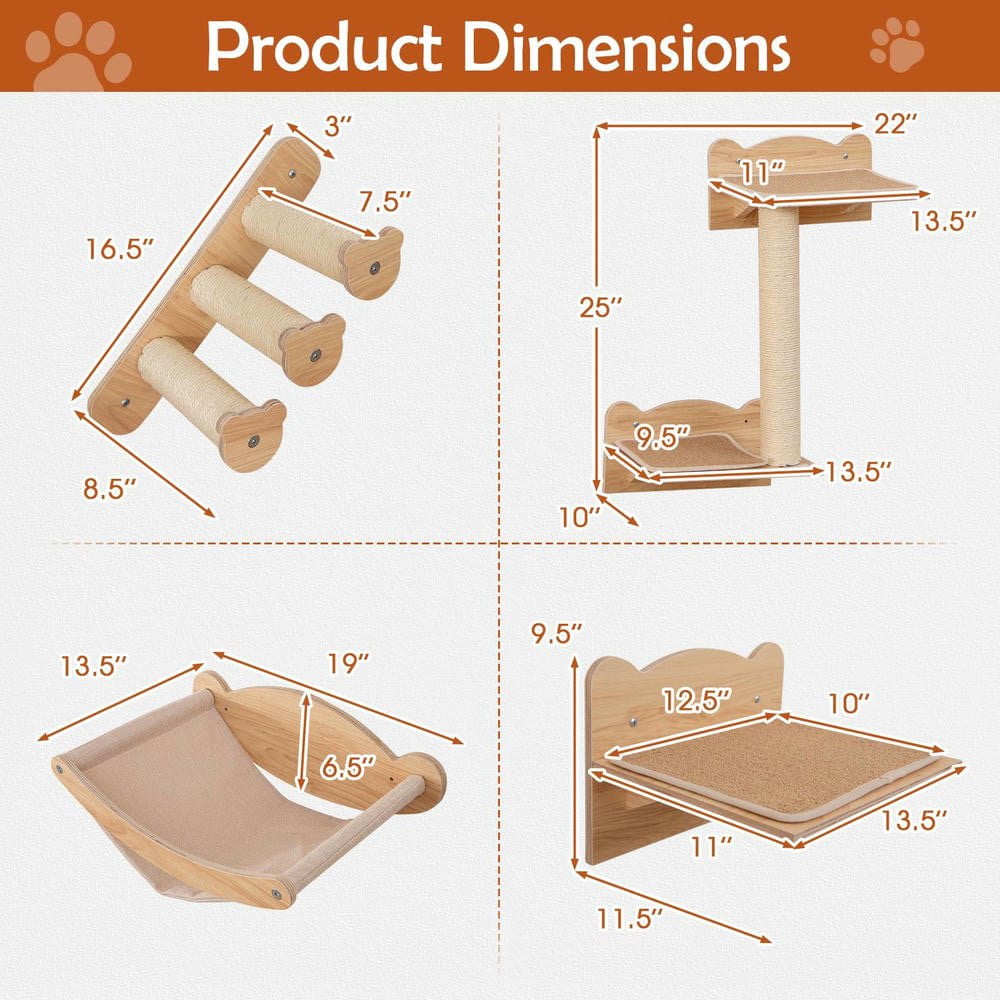 Resenkos Wall-Mounted Cat Furniture Set of 4 Pieces with Hammock and Steps, Natural