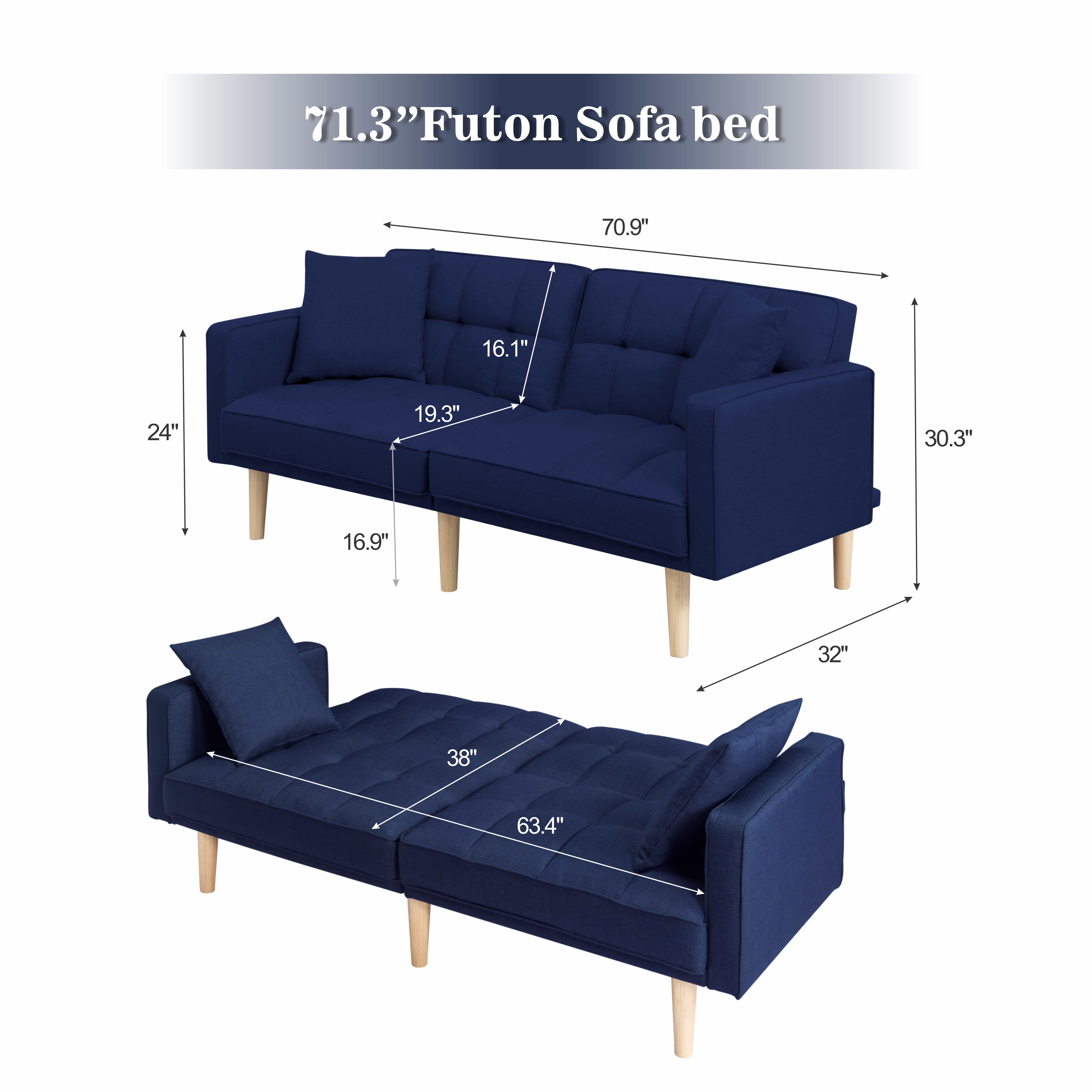 BSHTI 71.5 inch Modern Adult Futon Sofa Bed,Adult Sleeping Chouch with 2 Pillows for Livingroom,Navy Blue