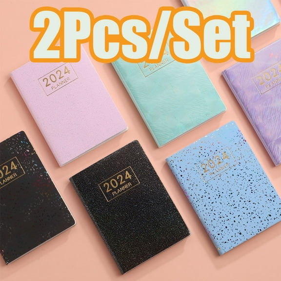 ZDWQFA 2Pcs A7 2024 English Planner Faux Leather Hardcover 120 Pages Ink-Proof Paper Mini Journal Dairy Pocket Notebook Student Supplies