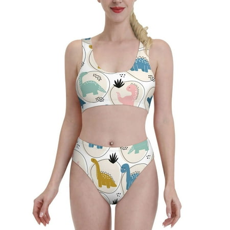 Bixox Cute Dinosaurs Pattern Two-Piece Sports Bikini with U-Shaped Top and High-Waist Bottom - Women s Swimwear with Removable Bra Pads