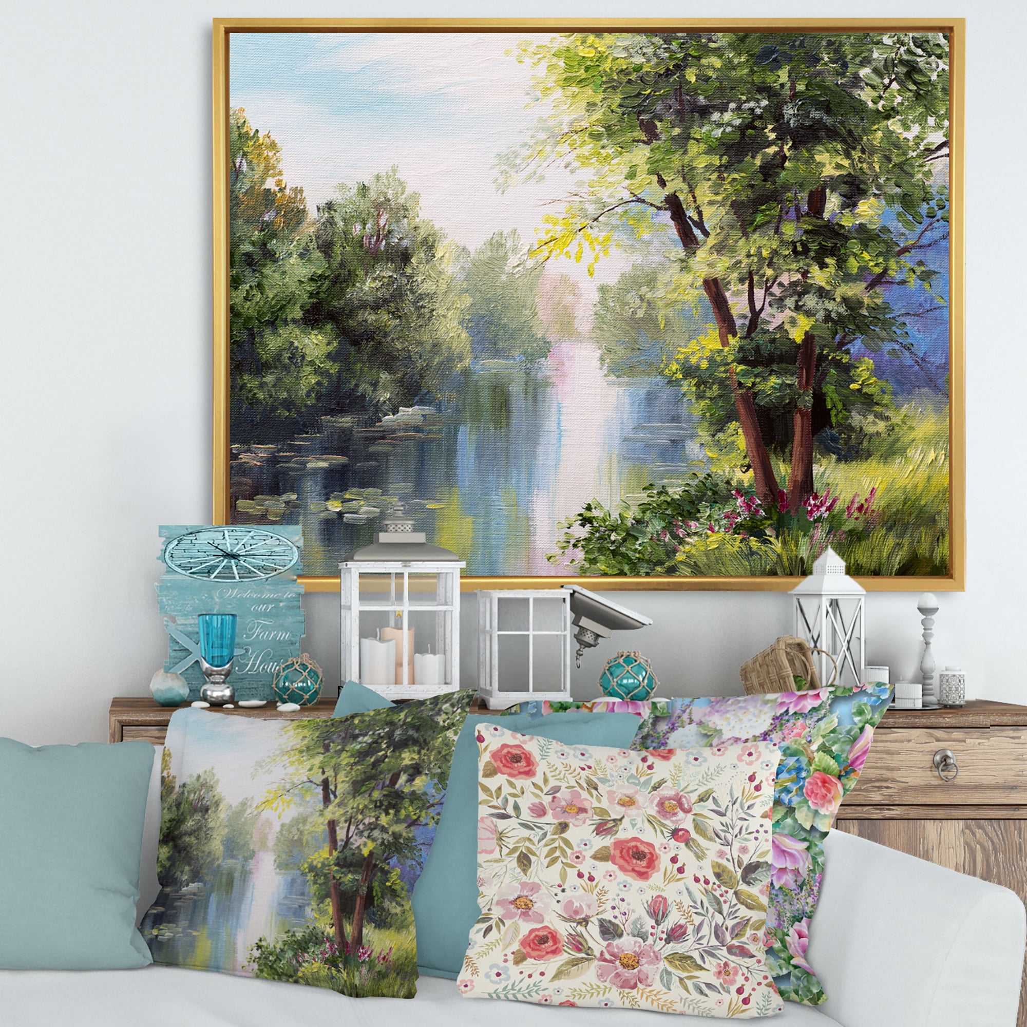Designart 'Lake In The Forest Summer Day - Landscape' Lake House Framed Canvas Wall Art Print