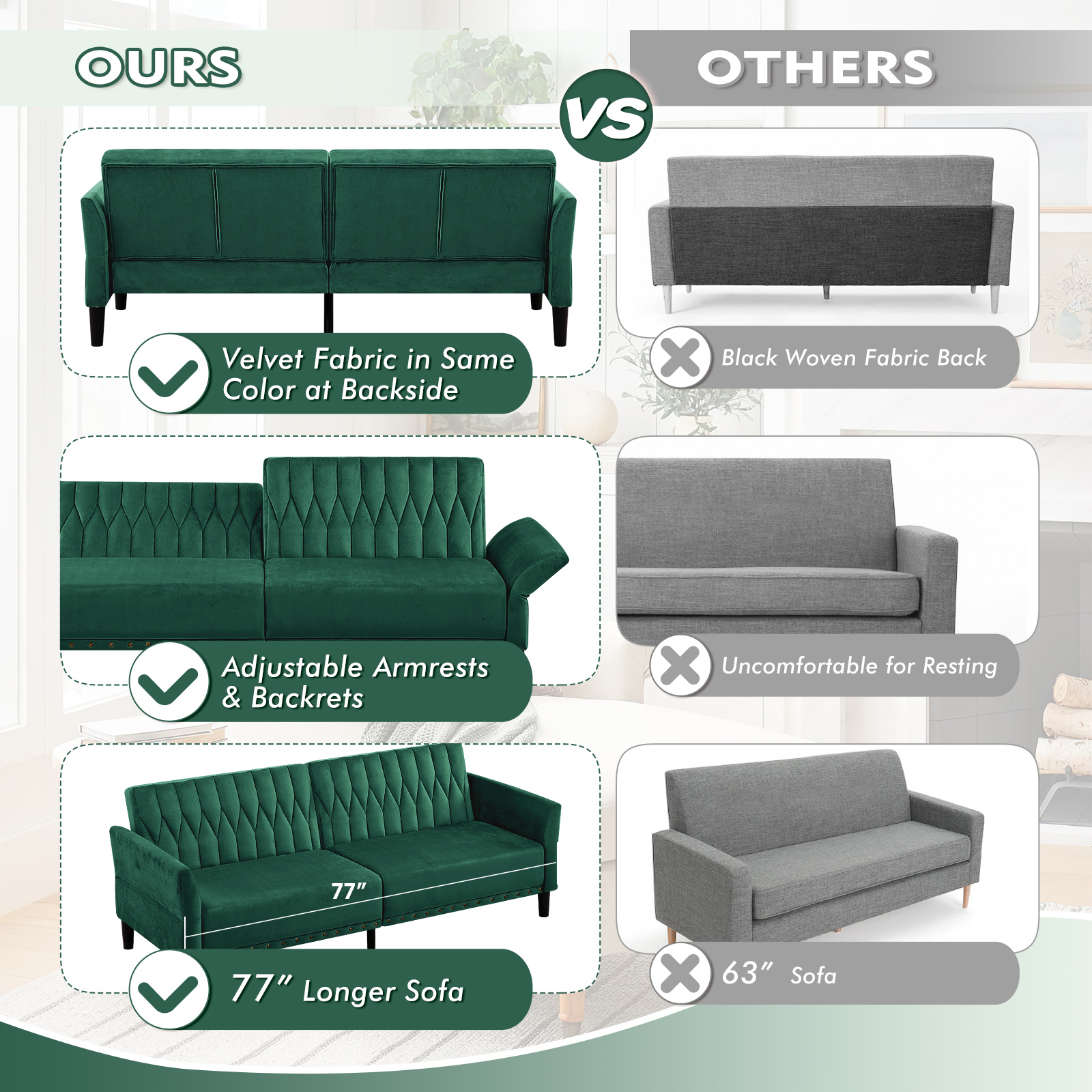 ACMEASE 77 Inches Velvet Sofa Bed w/Adjustable Backrests & Armrests, Tufted Sleeper Sofa Couch w/Nailhead Trim, Convertible Modern Recliner Loveseat for Living Room,Office, Green