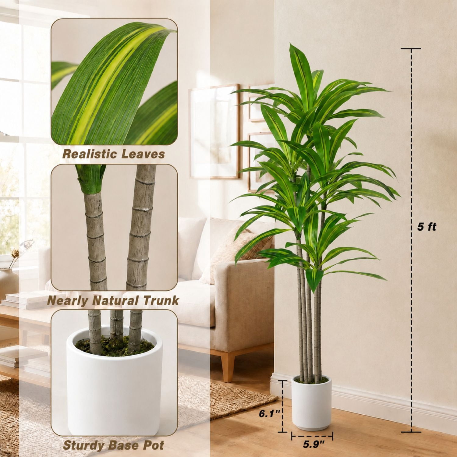 Easy4Home 5FT Artificial Plant Fake Dracaena Tree Potted Indoor Faux Floor Plant for Home Office Decor, White Pot