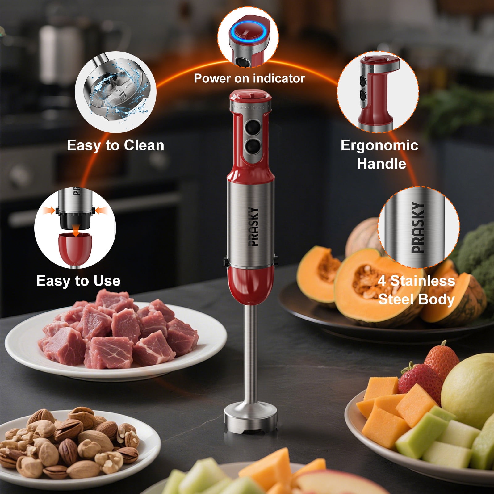 PRASKY Hand Immerision Blender, 20 Speeds Blender with Milk Frother (Red)