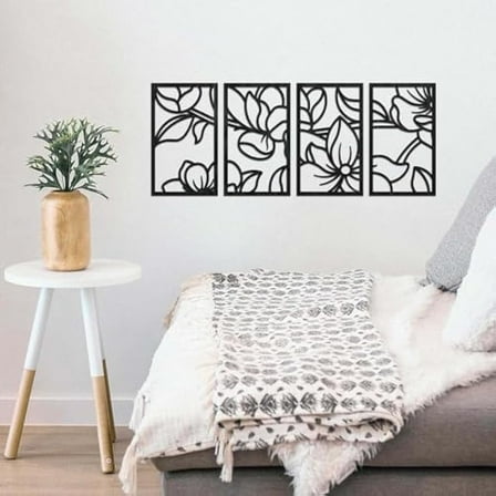 4 Pcs Black Minimalist Floral Wood Wall Art Decor Sinle Line Wall Sculptures Living Room Bedroom Spring Summer Home Indoor Boho Wall Decoration Hanging Wall Pendiments Housewarming Gifts