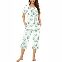 Nrmvnmi Women's Sleepwear Capri Pajama Sets Graphic Prints Button Folded Crew Neck Short Sleeved Tops And Elastic Waisted Pants With Pockets Comfortable Loungewear Sports Pajama Set