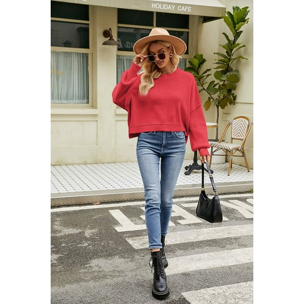 Suéteres de otoño para mujer de manga larga a rayas de gran tamaño suéteres de moda casual cuello redondo de punto Tops jerseyWatermelon RedS