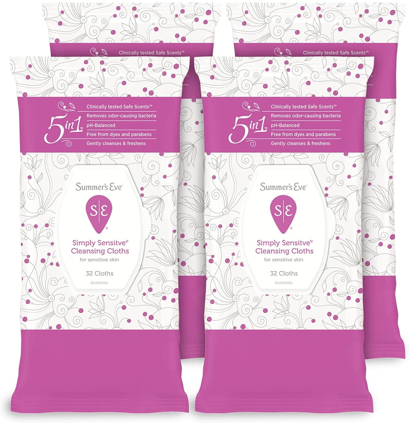 Summer's Eve Simply Sensitive Cleansing Cloths for Sensitive Skin - PH-Balanced, 32 Cloths (Pack of 4)