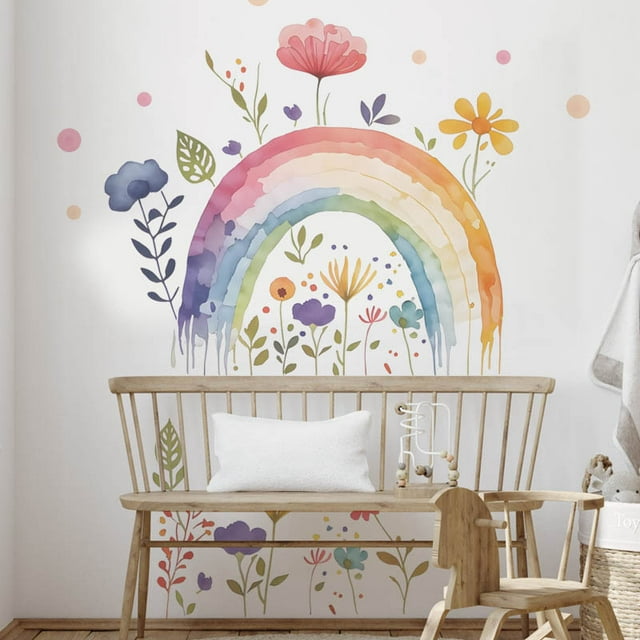Adhesivos de pared, acuarela, arcoíris y flores, 30 x 120 cm, PVC