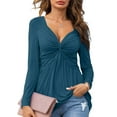 thumbnail image 2 of Womens Tshirts Long Sleeve Womens Tunic Tops Fall V Neck Solid Loose Side Split Blouses Casual Blue 2XL, 2 of 6