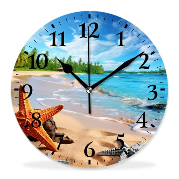 14 Inch Wall Clock Battery Operated Silent Clock Decorative for Office, Kitchen, Outdoor, Living Room，Starfish and Seashells on The Beach Style
