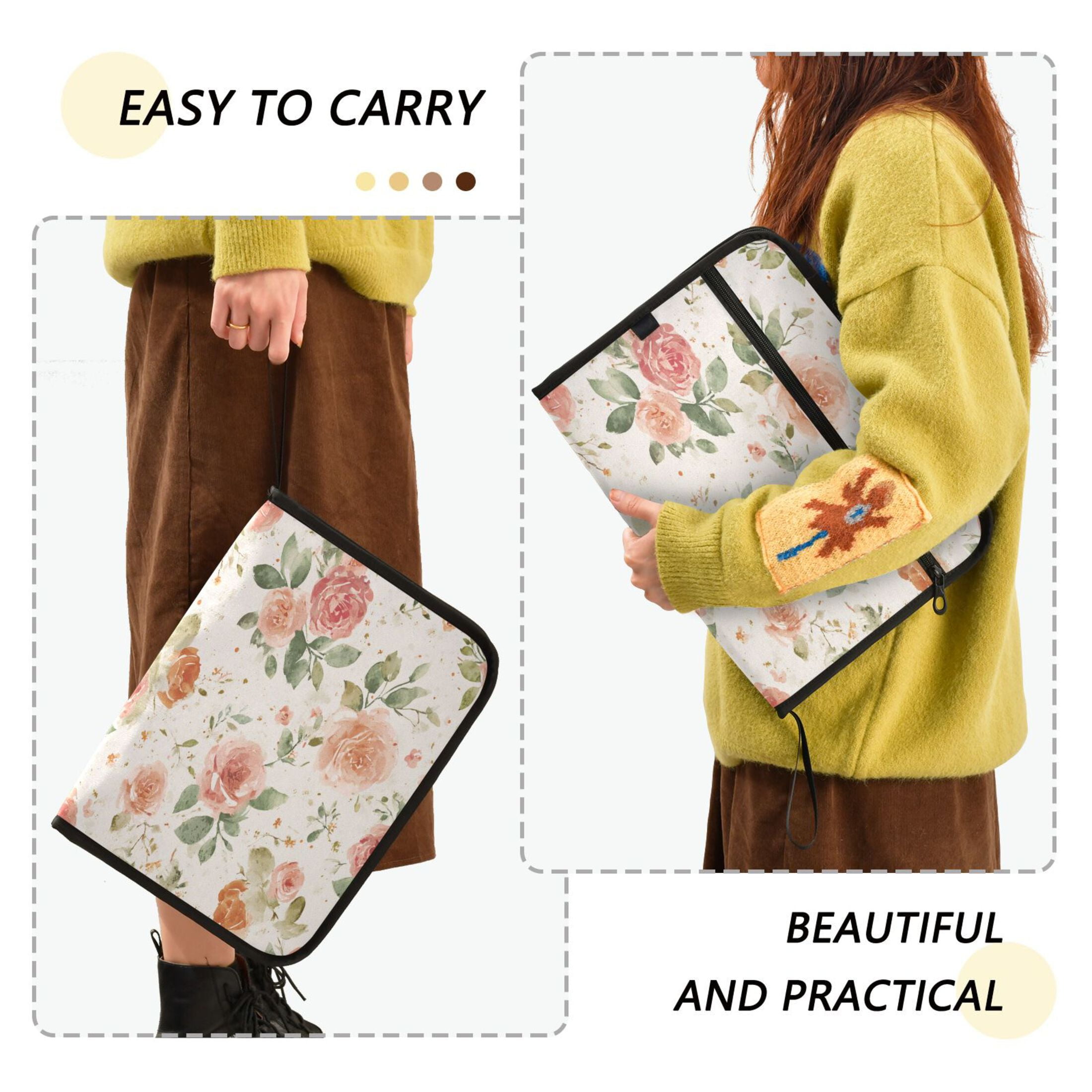 Accordion File Organizer with Zip Closure 13 Pockets Expanding File Folder Letter A4 Paper Document Organizer for Home Office Watercolor Rose Floral Pattern