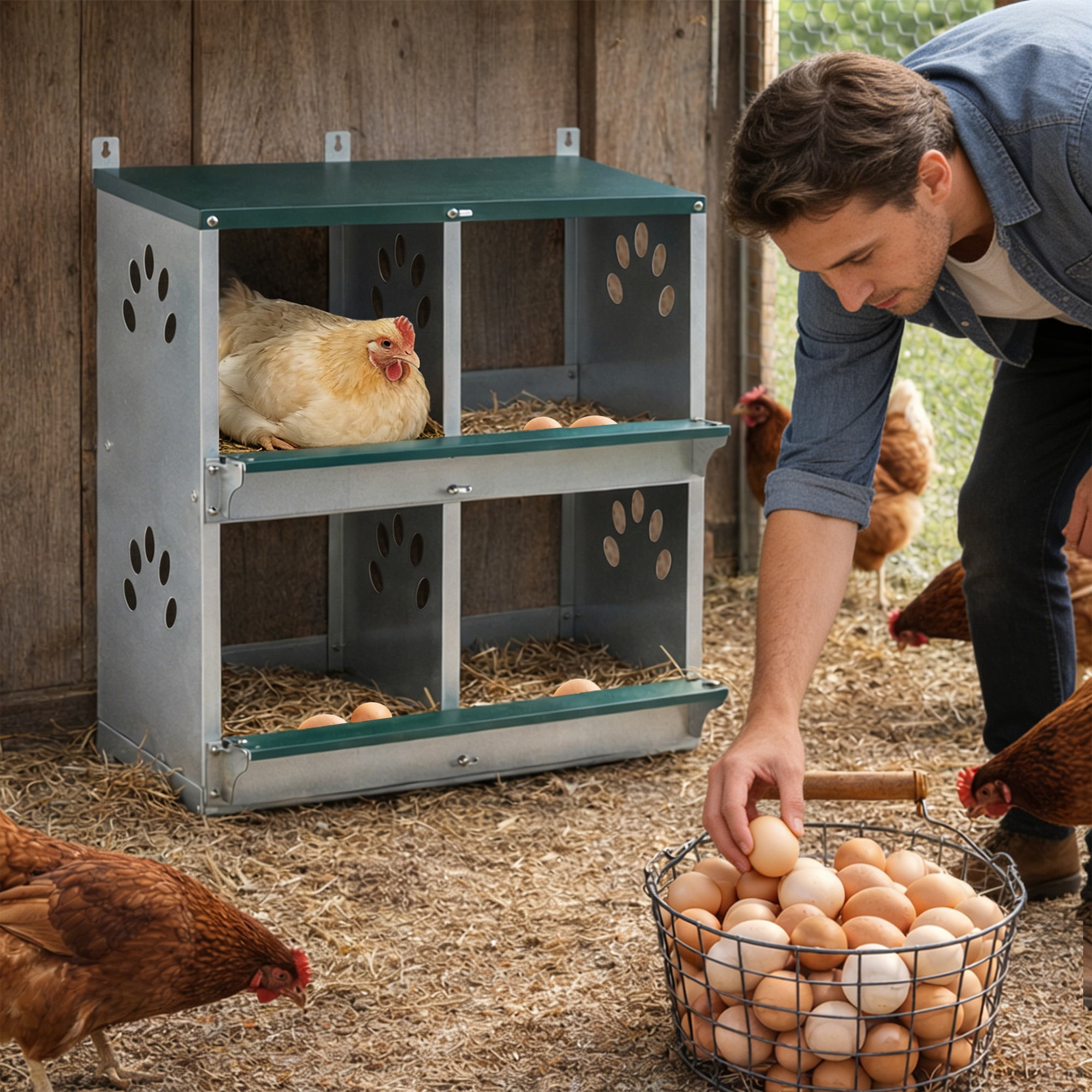 4 Compartment Galvanized Steel Chicken Nesting Boxes, Wall Mount Chicken Egg Laying Box with Sloped Roof & Vents, Green Poultry Nest Box for All Breeds