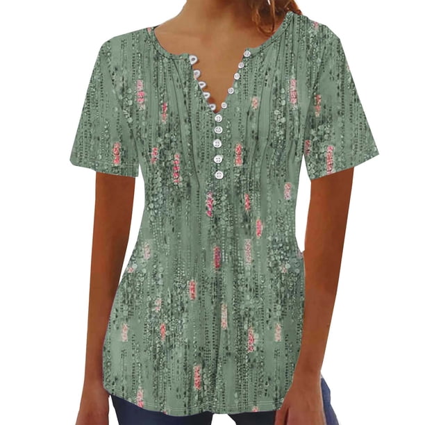 Tops de Algodón para las Mujeres Impreso en V-Cuello Botón Arriba Manga Corta Superior, Imitación Algodón Casual Blusa