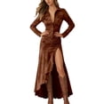 thumbnail image 2 of Western Cowgirl Dress for Women Long Sleeve Button Down Collared Ruched Waist High Low Slit Flowy Maxi Dresses, 2 of 5