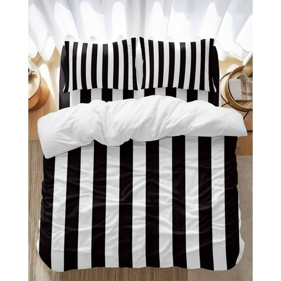 BLack White Stripes Simple Bedding Duvet Cover Set Twin Size 4 Pieces Geometric Soft Twill Plush Quilt Cover, Include 1 Duvet Cover 1 Flat Sheet And 2 Pillow