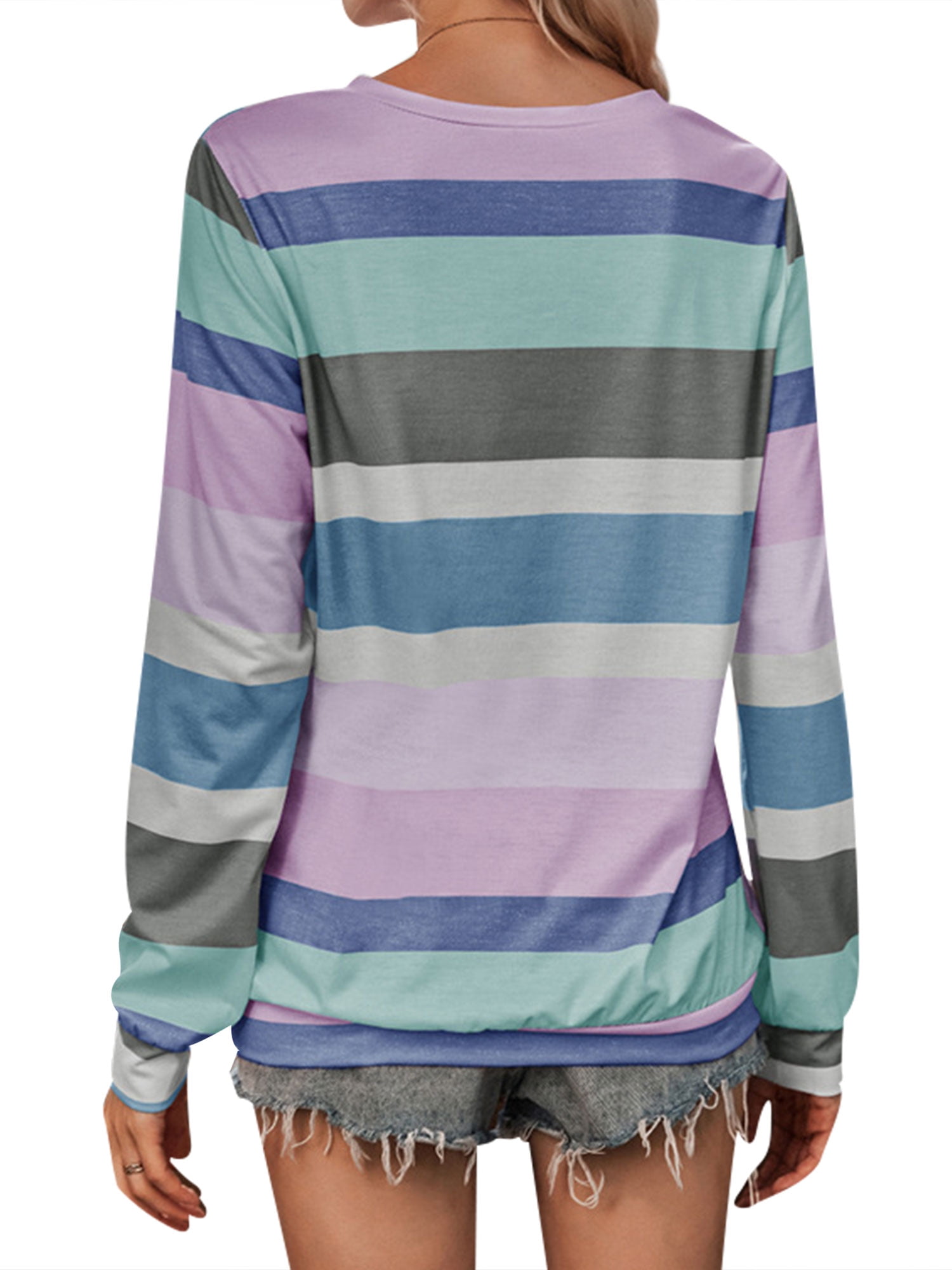 HUBERY Women Multicolor Striped Contrast Color Round Neck Long Sleeve T- Shirt - Walmart.com