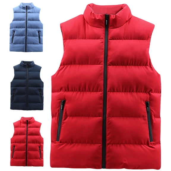 Quilted Vest for Men Padded Stand Collar Vest with Zip Up Sleeveless Warm Gilet for Fall Winter Red M