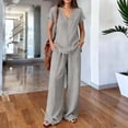 thumbnail image 2 of Women's V Neck Short Sleeve Top & Wide Leg Pants Set, Soft Nylon Spandex Loungewear, Casual 2 Piece Outfit with Stretchy Waist, for Relaxed Days, Work from Home, or | TruBelle,Gray L, 2 of 8