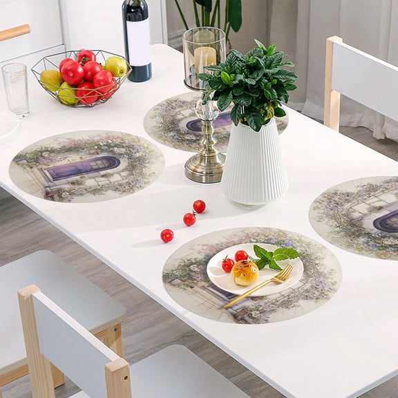15.4 Inch Round Woven Placemats set of 4 for Dining Table Washable Heat Resistant Table Mats Non-Slip Washable Table Pad for Home Kitchen Decor Purple Door in Blooms