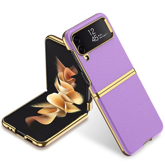 Compatible with Samsung Galaxy Z Flip 4 Case, Electroplated Bumper PU Leather Luxury Protective Ultra-Thin Shockproof Glossy Design Back Phone Cover For Samsung Z Flip 4,Purple