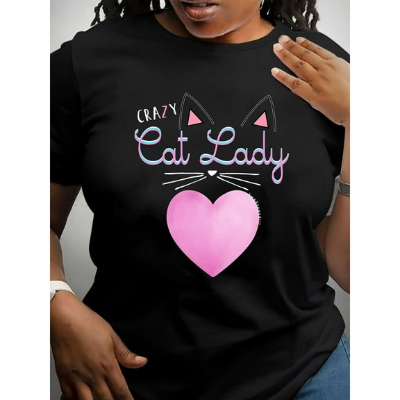 Women's Casual Crew Neck T-Shirt – "Crazy Cat Lady" Graphic Tee, Playful Geometric Print with Pink Hearts & Adorable Cats, All-Season Comfort