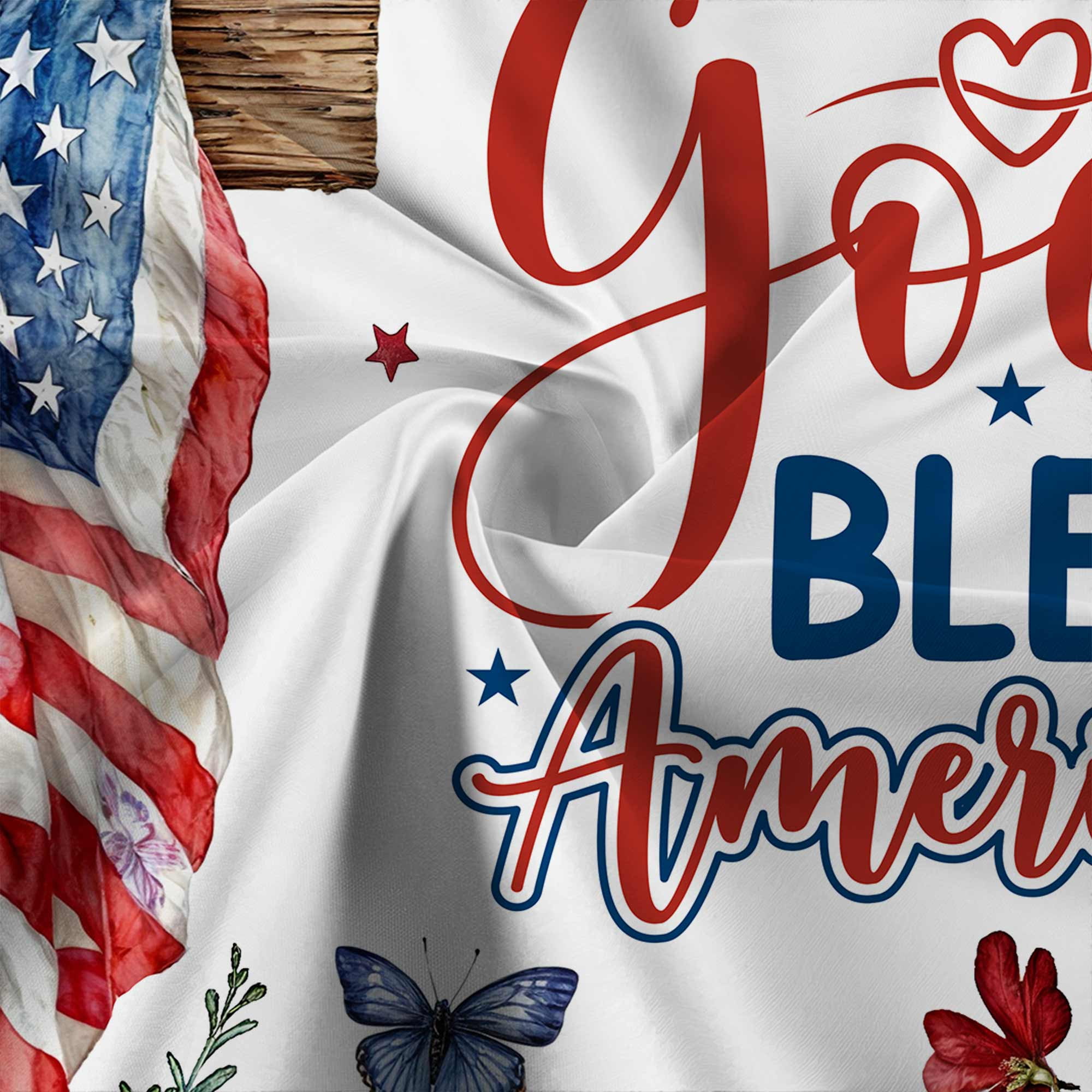 4th of July Shower Curtain, God Bless America Flower Cross Flag Star Patriotic Bathroom Curtains, Red Blue Independence Bathroom Waterproof Fabric Shower Curtains Set with Hooks, 47X64in