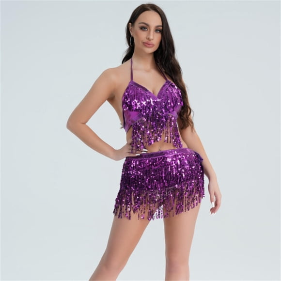 Women Belly Dance Costumes Top Bra Belt Set Sequin Tassel Fringe Top Hip Skirt Sexy Party Costume Nightclub Stage Performance
