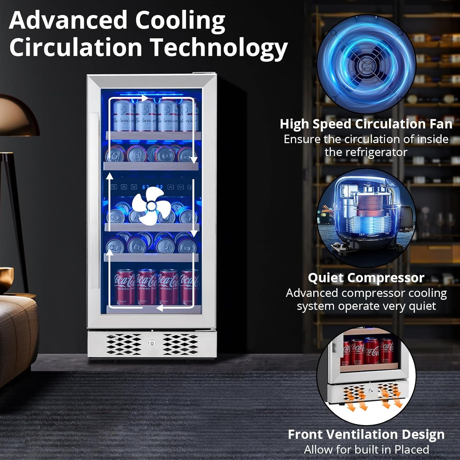 96 Can Beverage Refrigerator Cooler, Freestanding Small Mini Fridge in Stainless Steel with Digital Touch Screen, Low Noise Compressor Wine Refrigerator for Home, Office or Bar