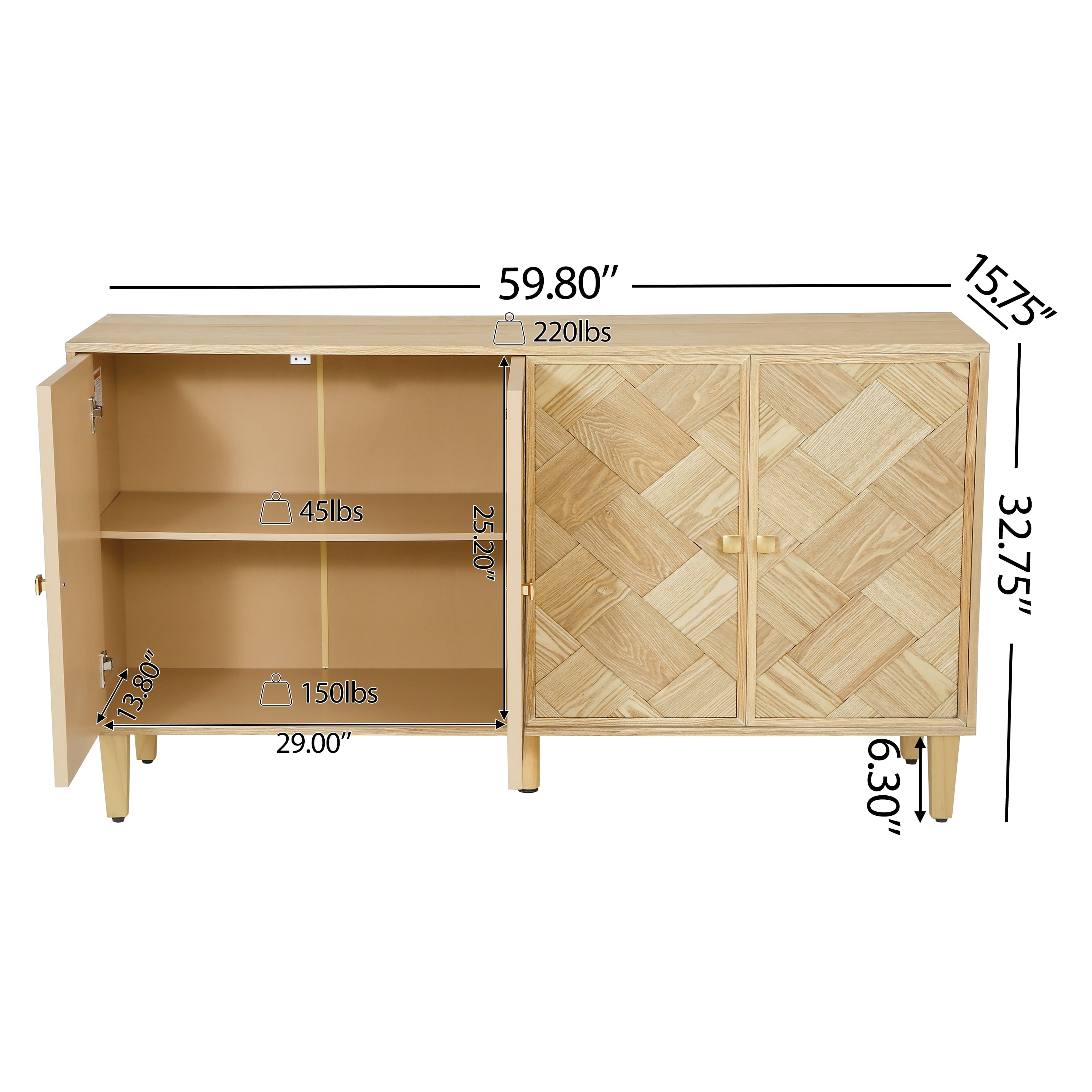 Euroco Modern Farmhouse Sideboard Buffet Cabinet with Storage & 4 Doors,59.8" Wood Coffee Bar Cabinet with Shelves for Kitchen Living Room,Natural