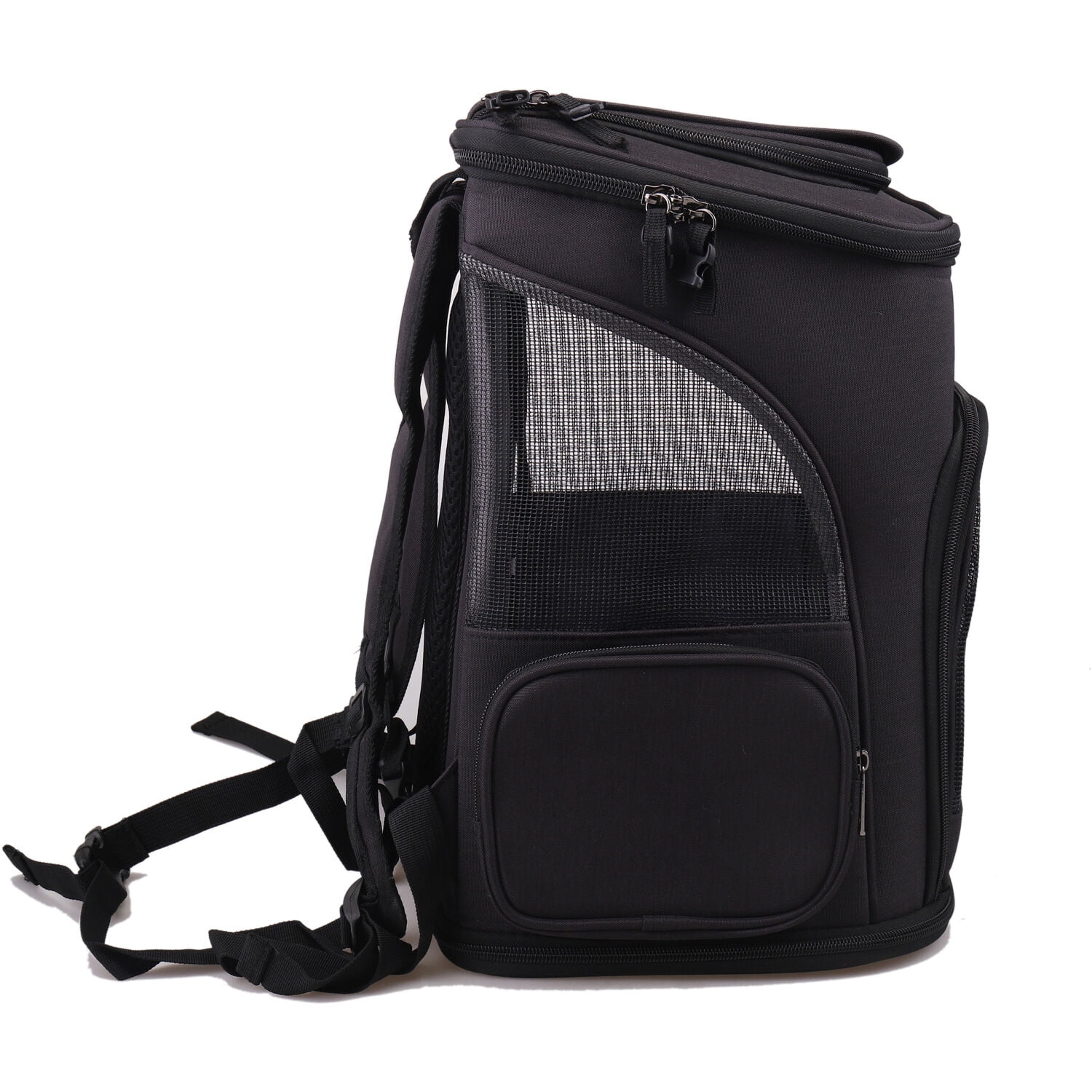 Critter Sitters Black Pet Backpack for Small Dogs, Cats with Scratch Resistant Breathable Mesh Windows | Airline Carry-On Approved | Safety Leash | Storage Pockets | Durable Transporation for Animals