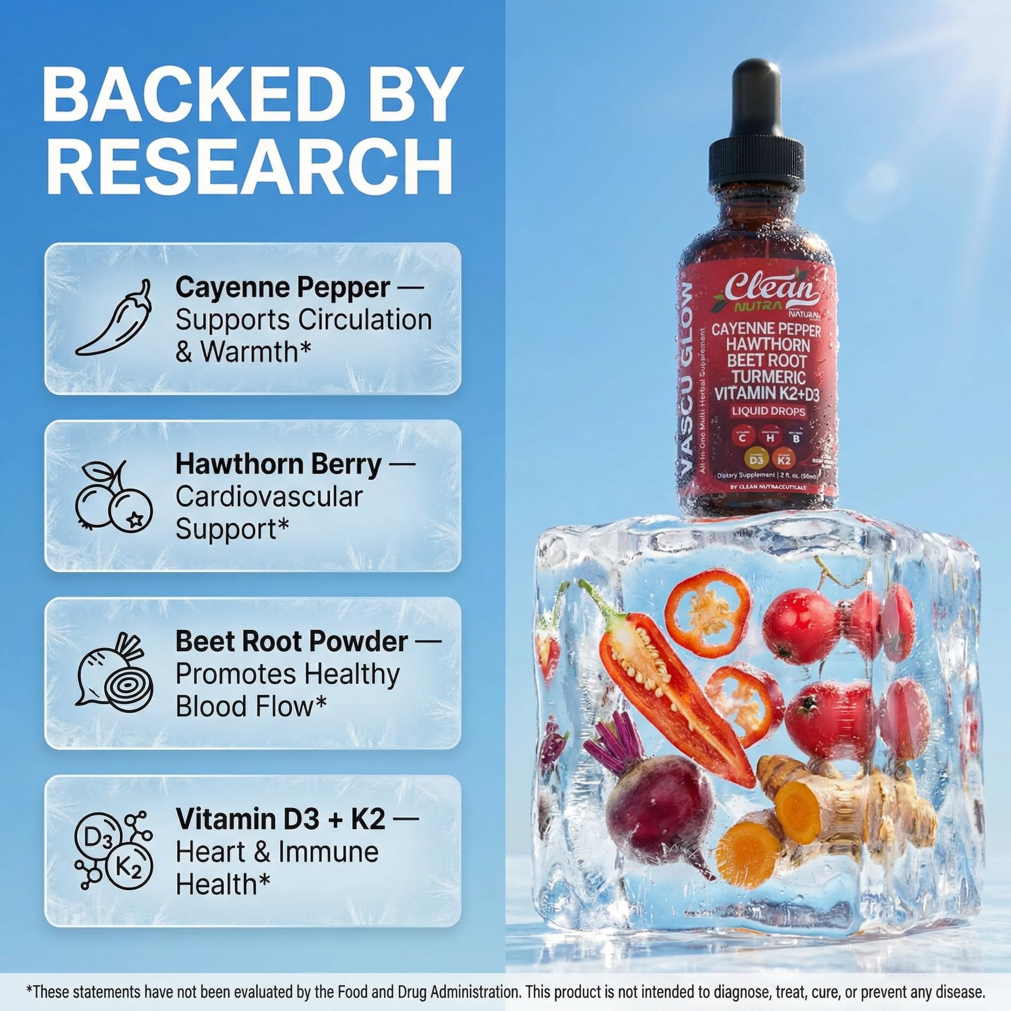Clean Nutra Cayenne Pepper Drops Supplement Liquid + Hawthorn Berry, Vitamin D3 K2 Beet Root Powder, Ceylon Cinnamon, Turmeric Curcumin, Organic Panax Ginseng, Berberine Extract 1  3 Pack
