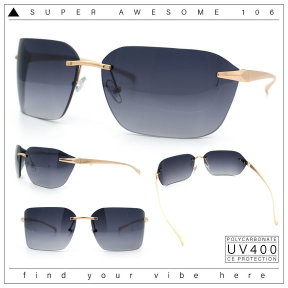 Womens Rimless Wrap Luxury Oversized Rectangle Metal Frame Sunglasses Gold - Smoke