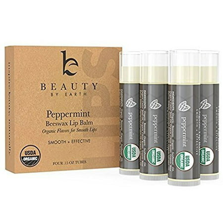 Lip Balm - Organic Peppermint 4 Pack, Natural Beeswax Clear Gloss Finish, Long Lasting Smooth Formula for Moisturizing & Hydrating Chapped, Cracked Lips with Best Mint Flavor, (Set of 4) Made in (Best For Dry Cracked Lips)