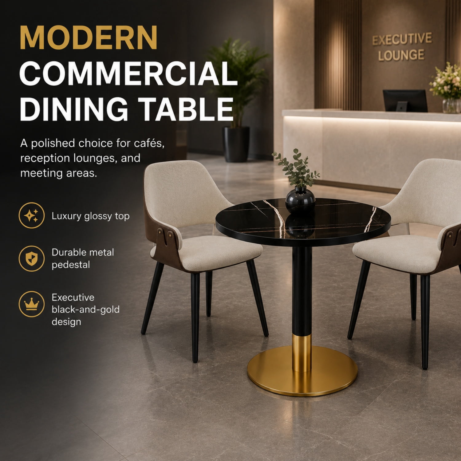 Miniyam 31.5 in. Round Tulip Dining Table for 2-4, Glossy Stone-Look Pedestal Table for Kitchen or Small Spaces, Black&Gold