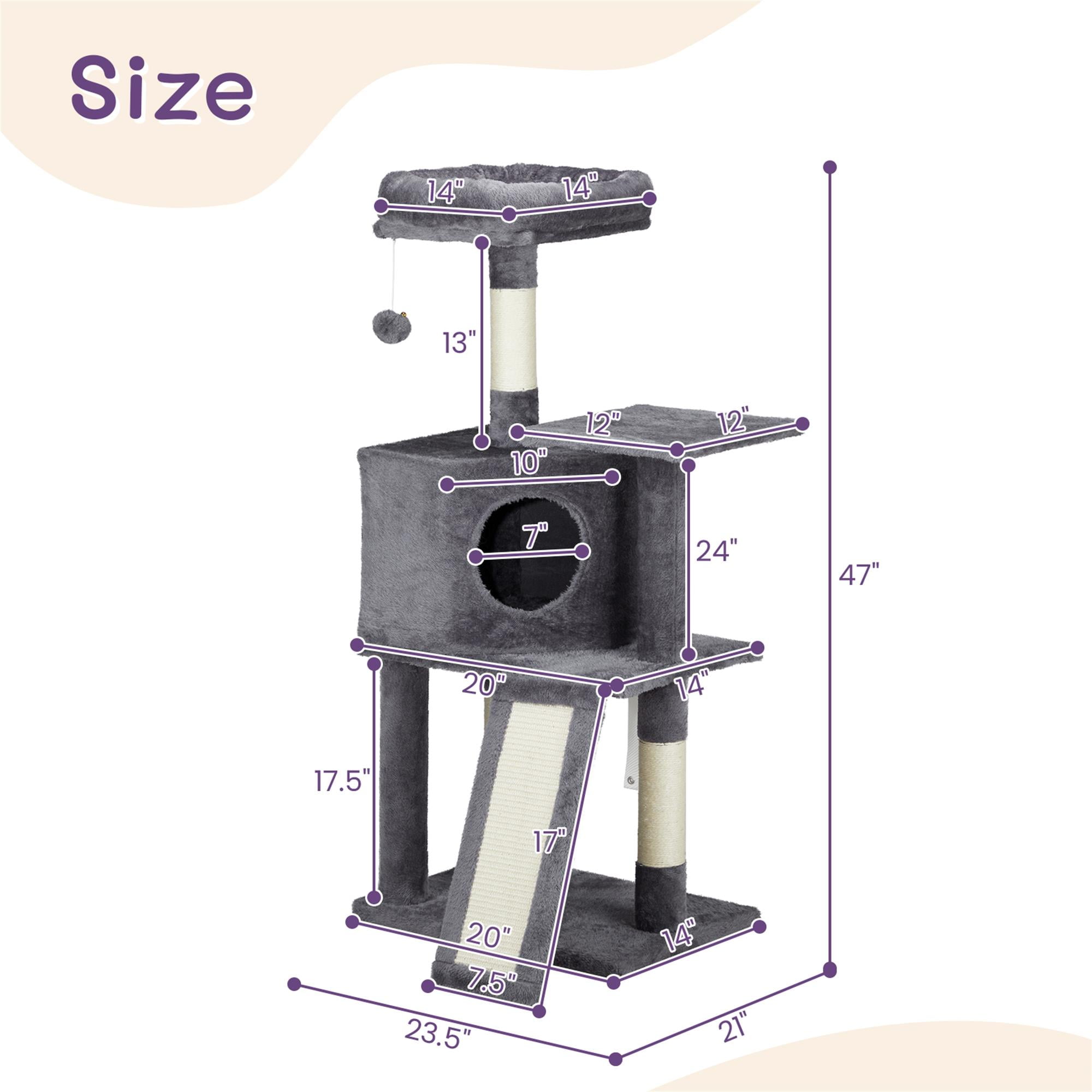 resenkos 47" Cat Tree Tower for Indoor Cats, Large Cozy Cat Condo with Padded Platform Bed, Toy Balls, Scratch Board, Gray