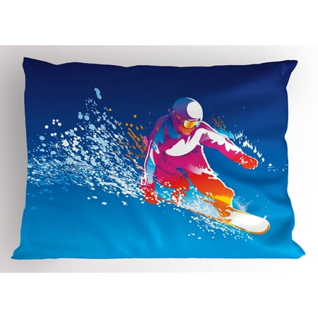 Standard Snowboarding - Youth Pillow Sham Colorful Figure of a Young Man Snowboarding on Blue Background with Paint Splashes, Decorative Standard King Size Printed Pillowcase, 36 X 20 Inches, Multicolor, by Ambesonne