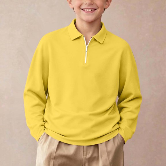 LUGOGNE Girls Boys Pullover Sweatshirt Quarter Zip Long Sleeve Collar Sweatshirts Kids Comfortable Fall Winter Casual School Uniform Outfits Yellow,11-12Years