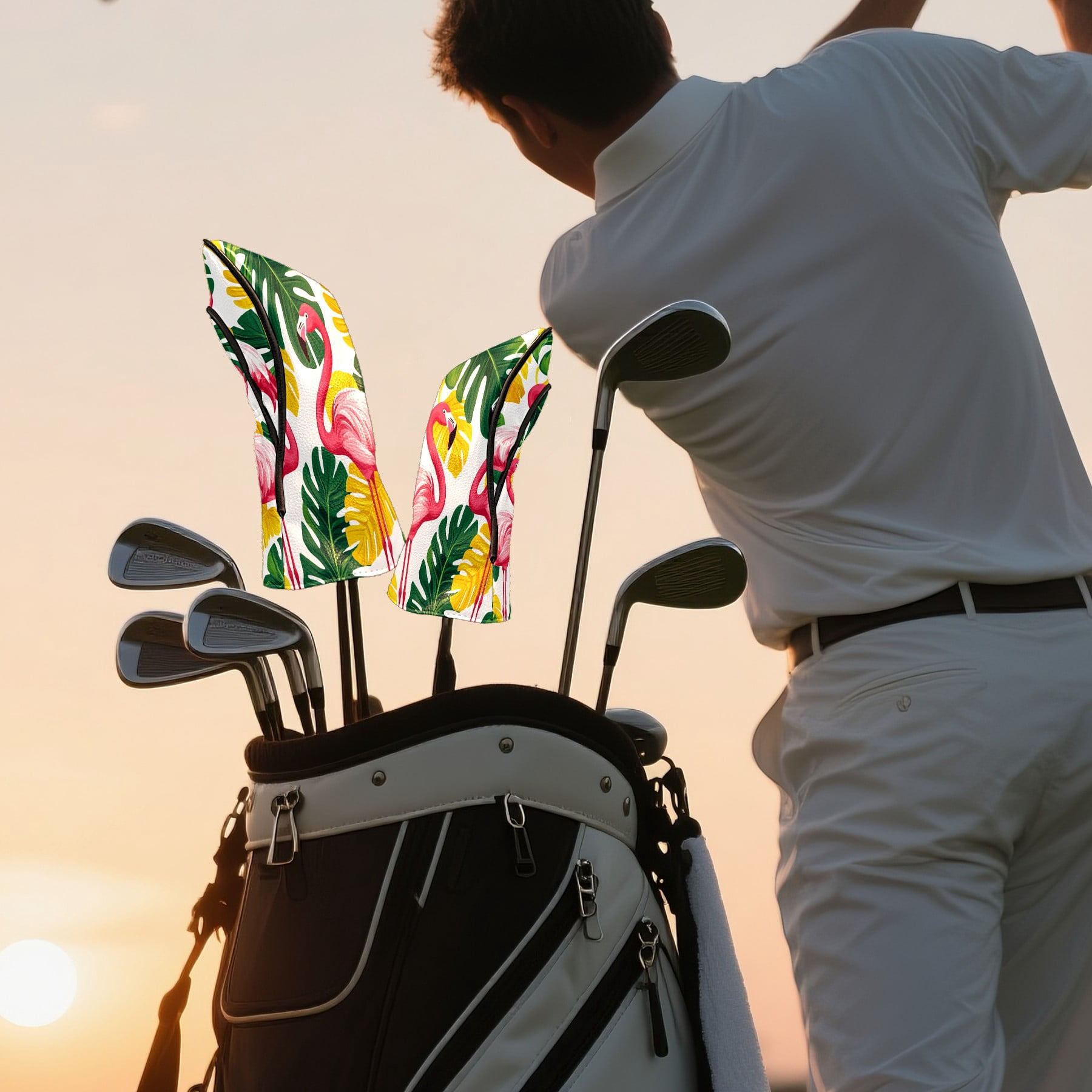 Golf Club Headcovers High Quality Waterproof Leather Golf Head Cover Set Men Women Driver Head Cover Exclusive Gift for Golf Lovers Yellow Flamingo