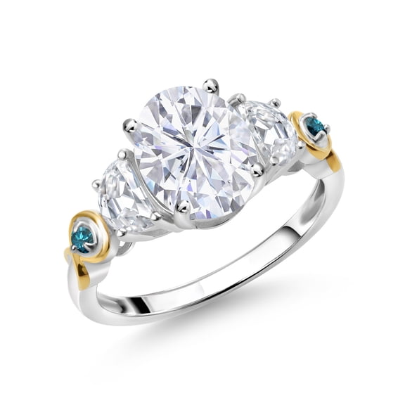 Gem Stone King 925 Silver and 10K Yellow Gold 3-Stone Ring Set with Moissanite (2.61 Cttw) (Size 7)