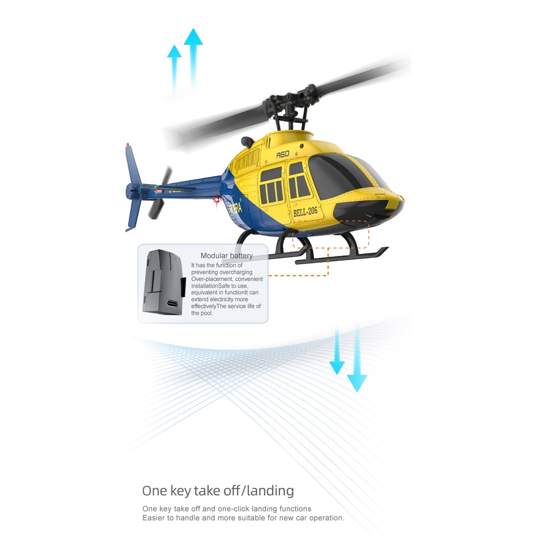 RC ERA A60 RC Helicopter 6CH 6G Mode 1/42 Single Rotor Aircraft with Altitude Hold, Optical Flow Option, Low Voltage Alert, One Key Takeoff Landing for Adults & Beginners, RTF - 3 batteries