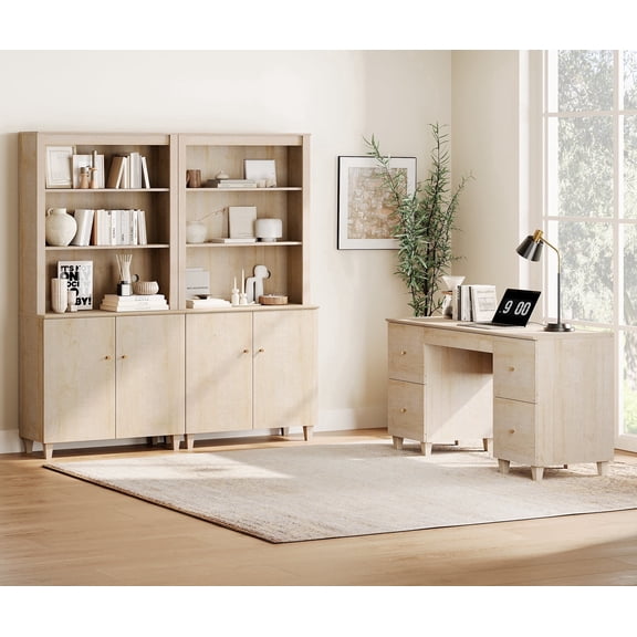 WAMPAT Home Office Furniture Set, 58" Executive Desk with Charging Station and Drawers, 2-Column 71" Tall Bookcase with Doors and Adjustable Shelves for Living Room, Natural Oak