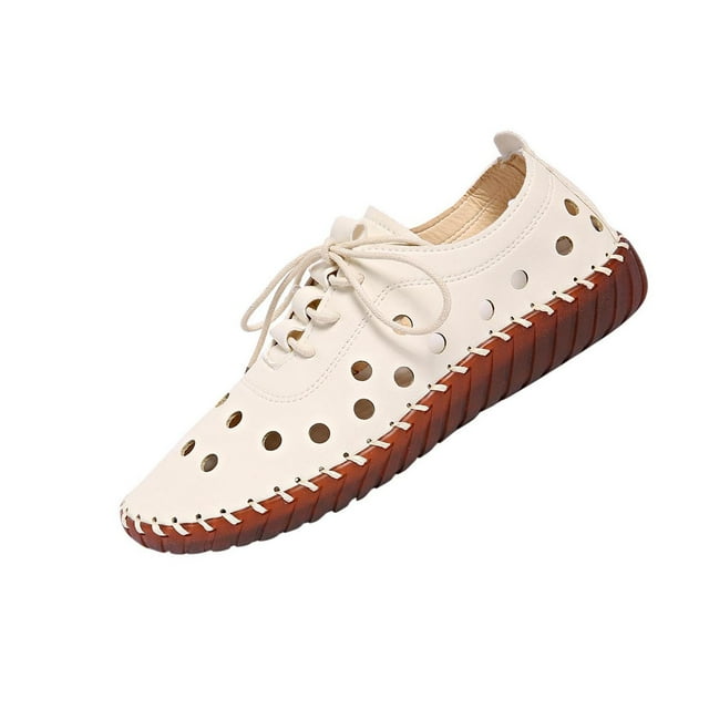 WRKEKC Womens Sandals Solid Color Stitched Cut Out Design Breathable Round Toe Closed Toe Lace Up Soft Sole Flat Sandals Casual