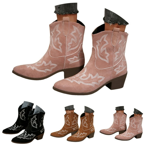 Dakaela Women's Western Booties Round Toe Cowboy Cowgirl Boots Low Chunky Heel Country Riding Shoes
