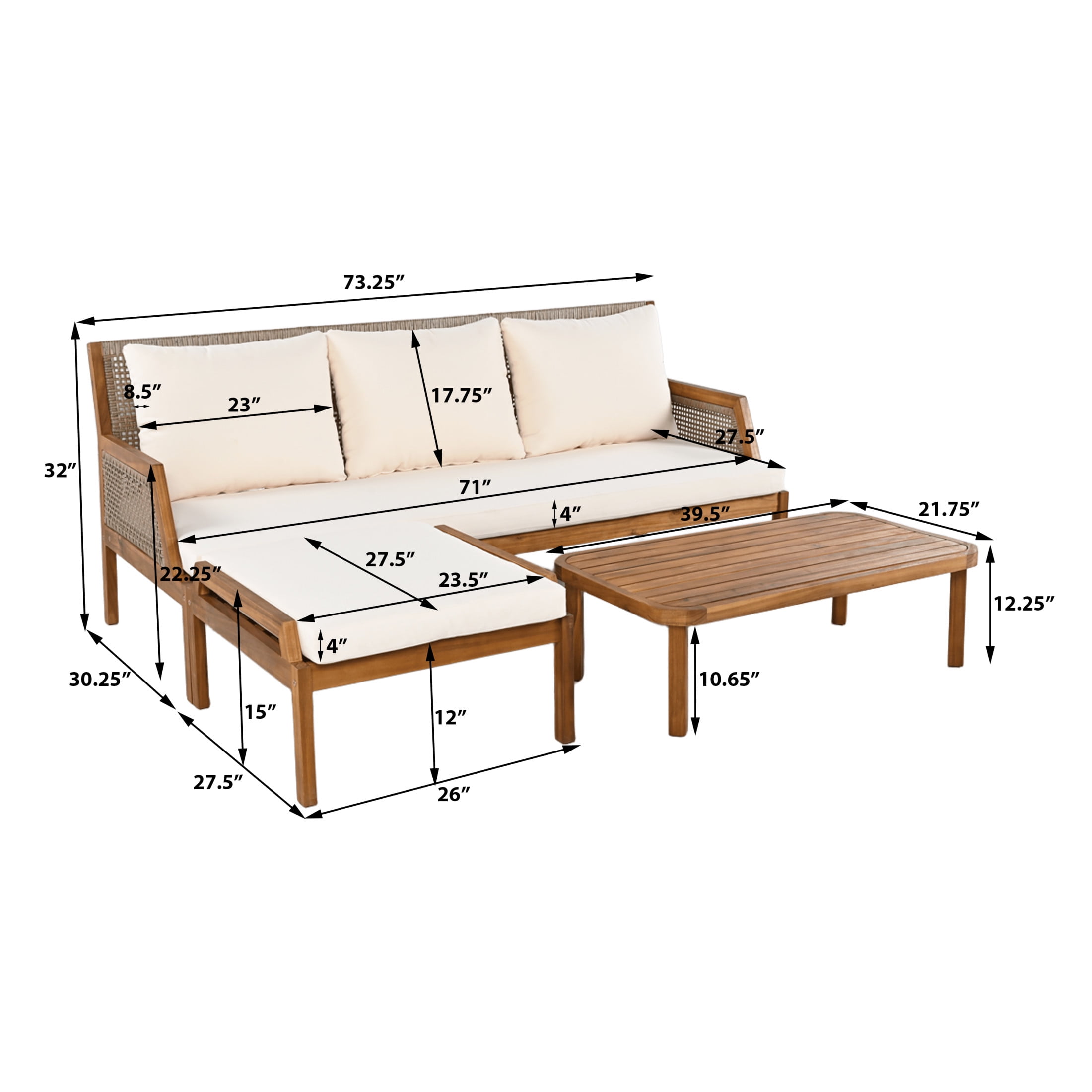 Christopher Knight Home Teak 3-Piece Outdoor Wicker Conversation Set with Table & Ottoman, Beige Cushion