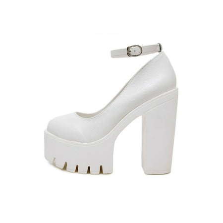 

Daeful Ladies Lightweight Round Toe Dress Pump Shoes Walking Anti-Slip High Heels Wedding Fashion Chunky Block Heel Mary Jane White 5