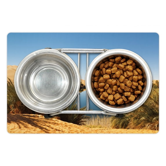 Desert Pet Mat for Food and Water, Idyllic Oasis Awbari Sand Sea Sahara Libya Pond Lush Arid Country, Non-Slip Rubber Mat for Dogs and Cats, 18" X 12", by Ambesonne