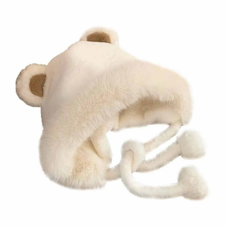 Cute Plush Faux Fur Cap with Ear Flaps Fuzzy Bear Hat Soft Warm - Main Image