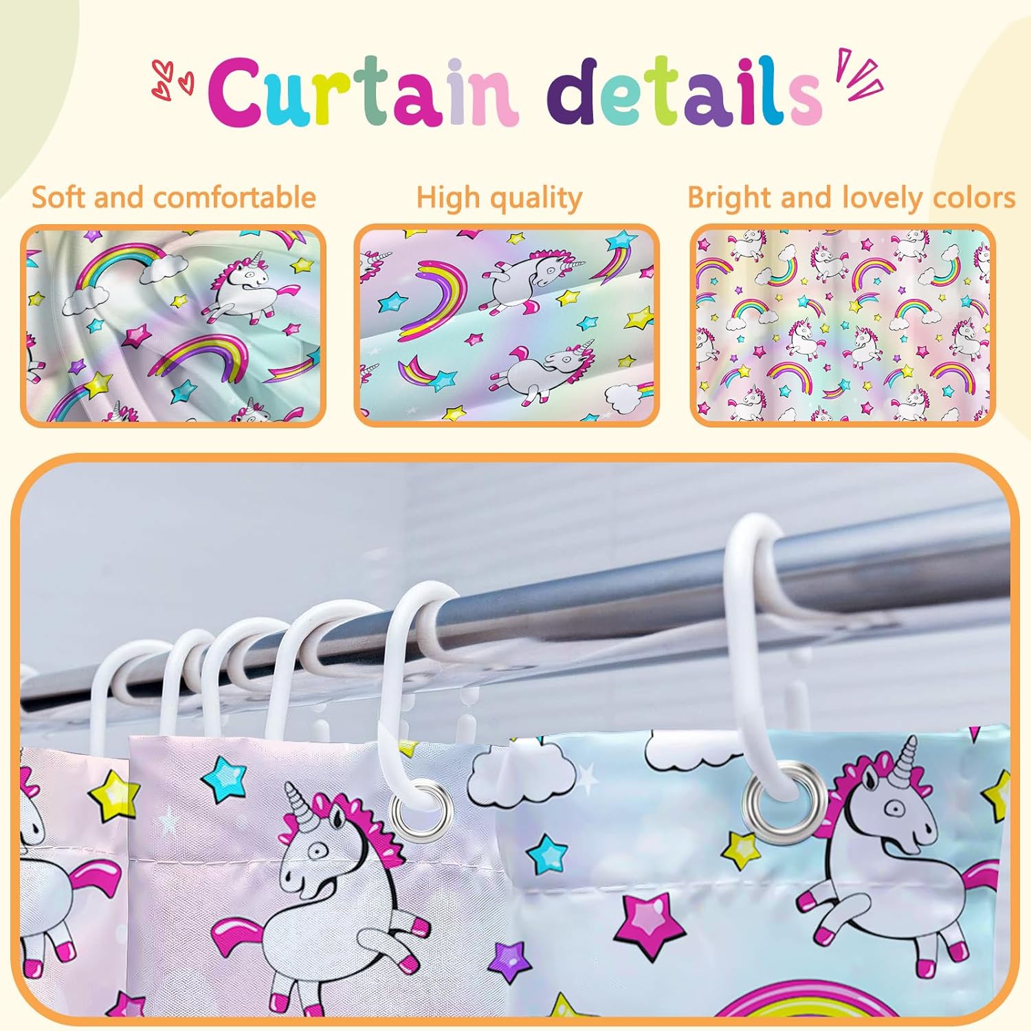 4 Pcs Kids Bathroom Set Pink Unicorn Rainbow Shower Curtain Sets with Non-Slip Rugs Toilet Lid Cover and Bath Mat Set, Kids Girl Bathroom Decor with 12 Hooks